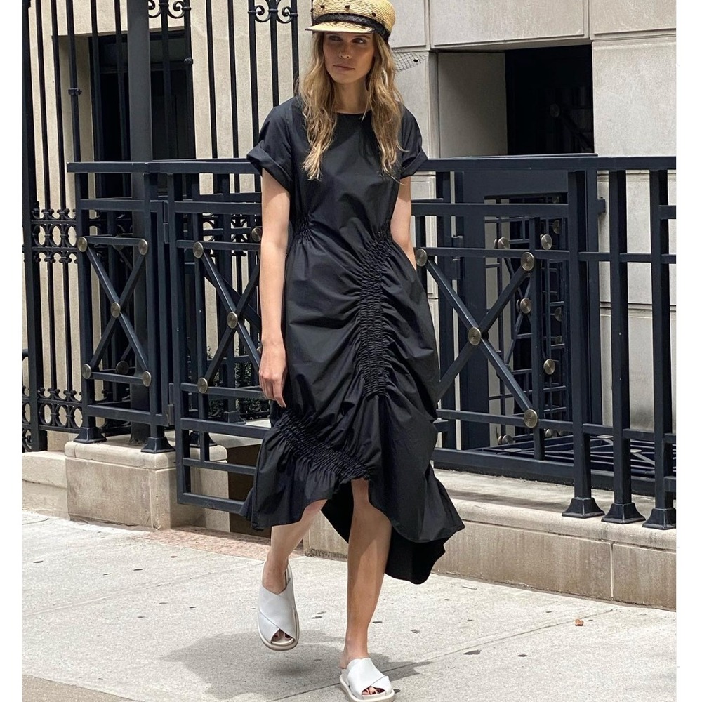 DIGS Black Ruched Asymmetrical Midi Dress Short Sleeve Smocked Avant Garde OS